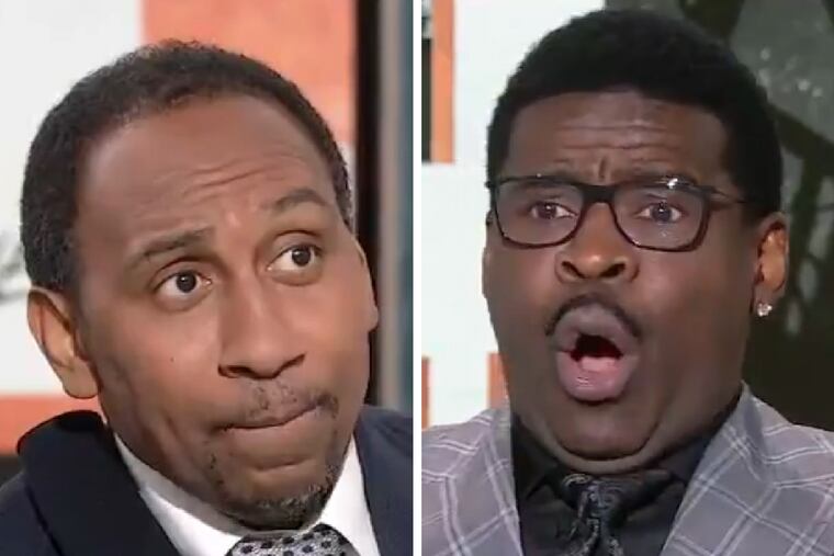ESPN host Stephen A. Smith, sporting an arm sling, got into it on Monday's "First Take" with NFL Network analyst and former Cowboys Hall of Famer Michael Irvin.
