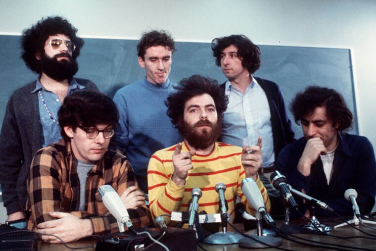 Five of Chicago 7: front, from left: Rennie Davis, Jerry Rubin, Abby Hoffman; rear: Lee Weiner, non-defendant Bob Lamb, Tom Hayden.
