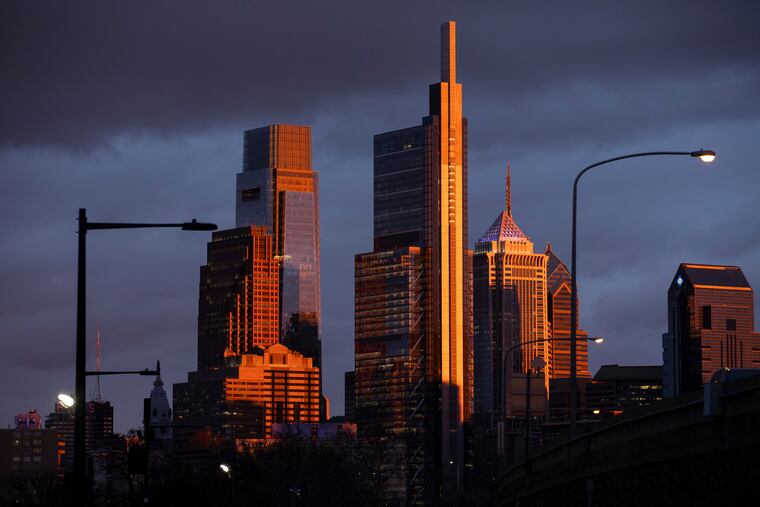 The sun illuminates the Philadelphia skyline as it sets in Philadelphia, Pa. on Thursday, March 7, 2024.