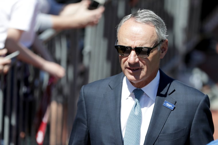 MLB commissioner Robert D. Manfred Jr. arrives before he announces that the Phillies will host the 2026 All-Star game to mark the nation's 250th birthday. The event was held in front of Independence Hall in Philadelphia, PA on April 16, 2019.