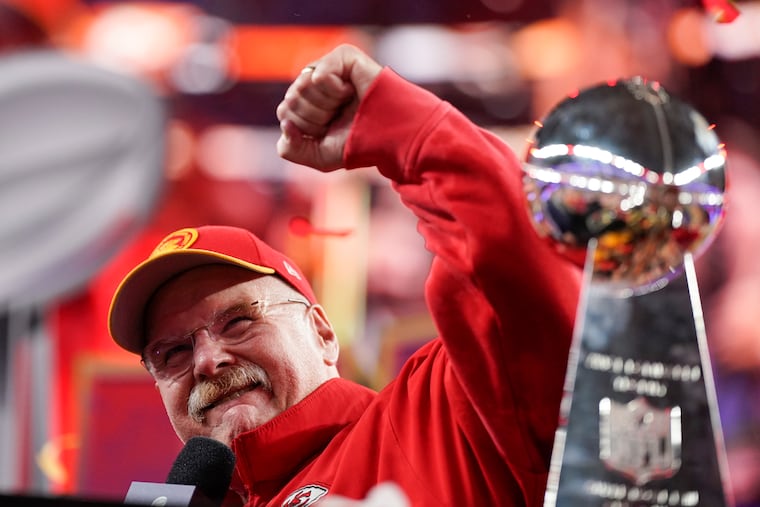 Chiefs coach Andy Reid celebrates after Kansas City won Super Bowl LVIII on Sunday night in Las Vegas.
