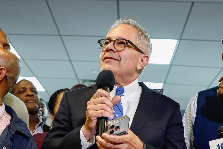 District Attorney Larry Krasner speaks to supporters at his primary election night party at the Graham Building on Tuesday.