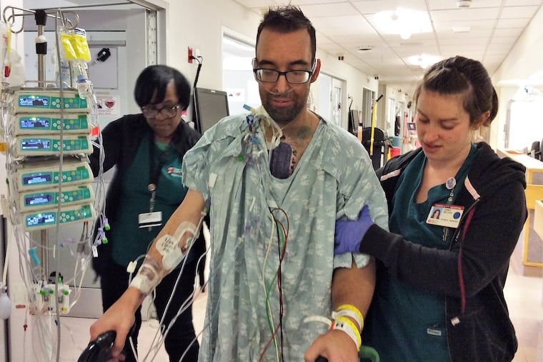 Nate Collins at Temple University Hospital in January after receiving his third heart transplant.
