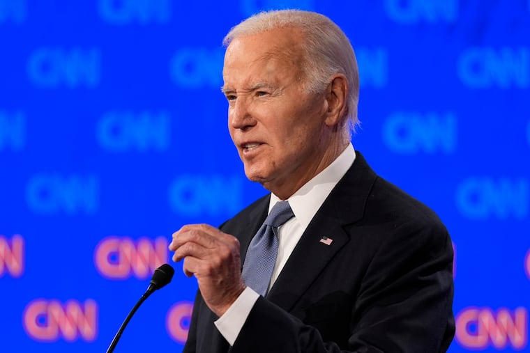 President Joe Biden speaks during a presidential debate hosted by CNN with Republican presidential candidate former President Donald Trump.