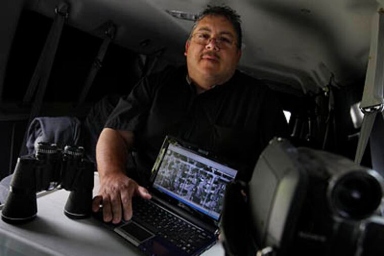Private detective Frank Estrella, pictured April 28, 2010, uses online tools as part of his work, in addition to the traditional cameras and binoculars. With the proliferation of online snooping tools and tricks, many members of the public use some of those same sites that Estrella, but end up turning to professionals like him to finish the search on which they are working. (Pauline Lubens/San Jose Mercury News/MCT)