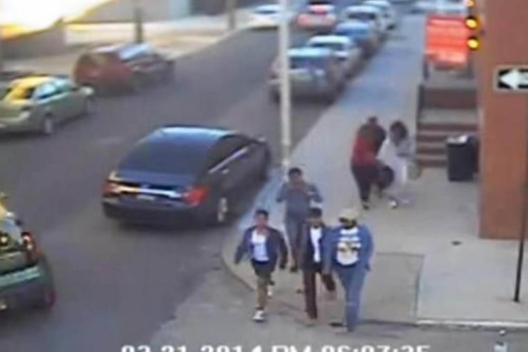 Surveillance photo screen grab of group of teenagers at 17th and Norris Streets near Temple University. Police image of possible suspects in an alleged attack. (police photo)