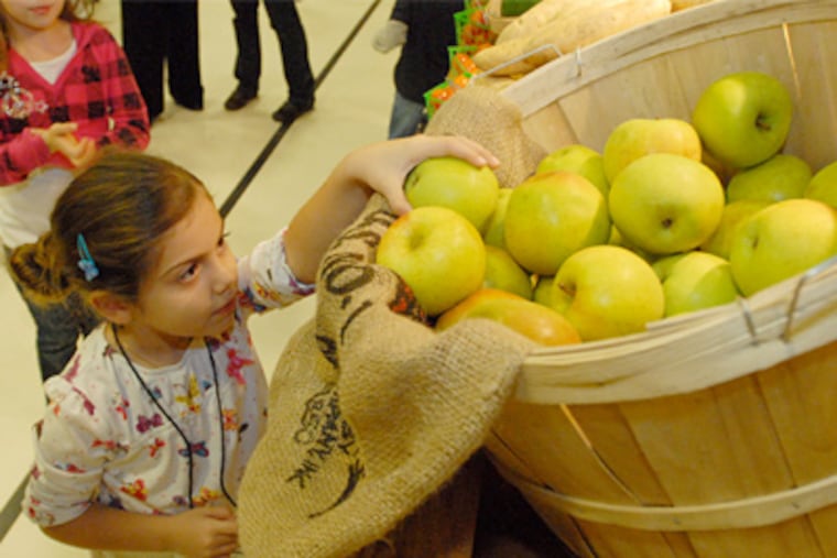 Soffia Woodruff, a first grader at Stockton Elementary School in Cherry Hill, reaches for an apple during a fruit and vegetable wholesaler's visit. (Ron Tarver / Staff Photographer)