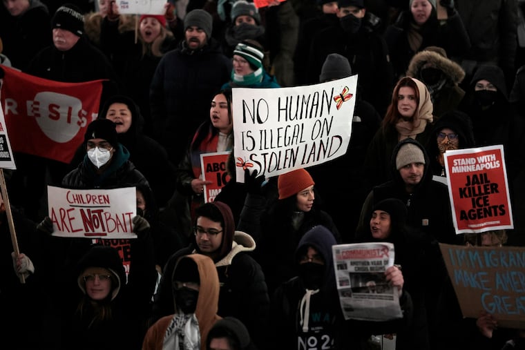 Protesters march up Eighth Street, towards the immigration offices, during the Philly stands with Minneapolis Ice Out For Good protest at Philadelphia’s City Hall on Friday, Jan. 23, 2026.