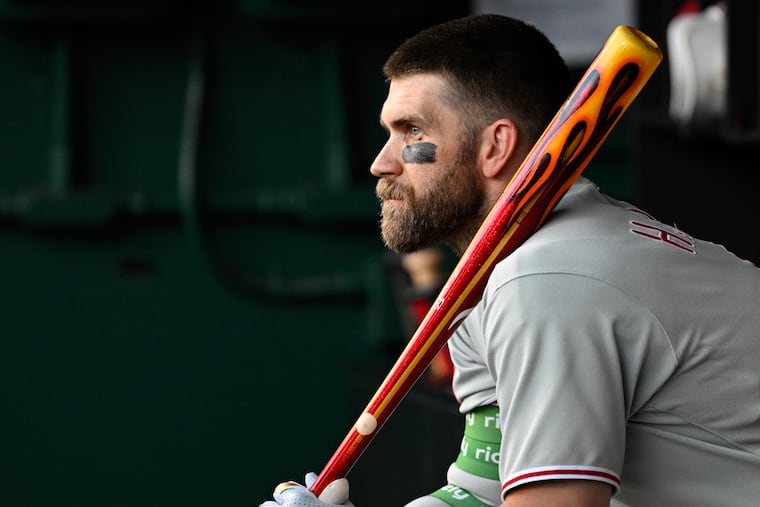 Phillies' Bryce Harper sports a custom bat with flames on it, designed by King of Prussia-based Victus Sports ahead of MLB Players' Weekend.