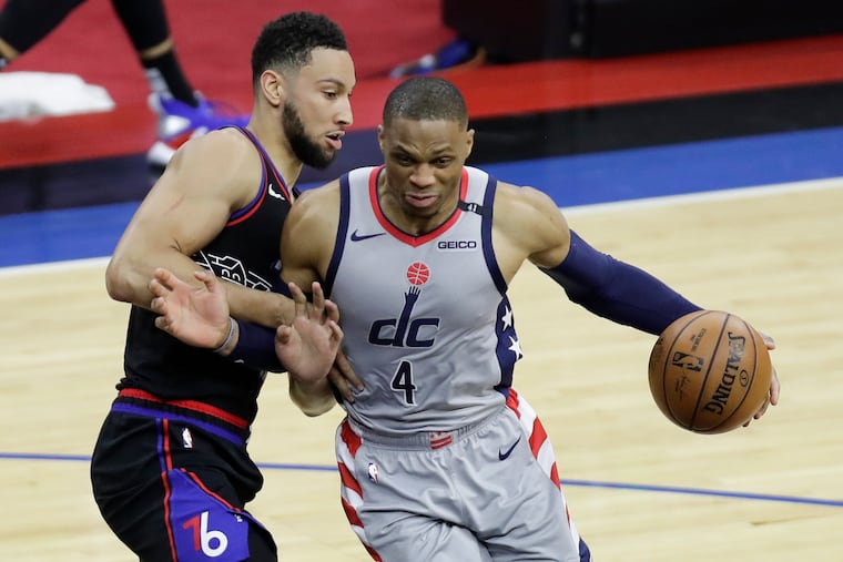 Sixers guard Ben Simmons defends Washington Wizards guard Russell Westbrook during Game 1.