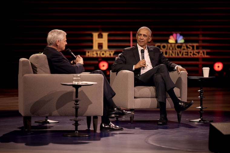 Former President Barack Obama speaks at the History Channel's HistoryTalks event at the Kimmel Center in Philadelphia April 18, 2026.