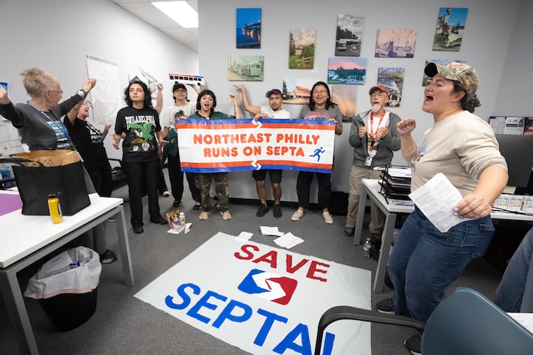 Arielle Klagsbrun, far right, with fellow SEPTA supporters shown here during a sit in at the Office of State Senator Joe Picozzi, PA General Assembly office, in Philadelphia, August 18, 2025.