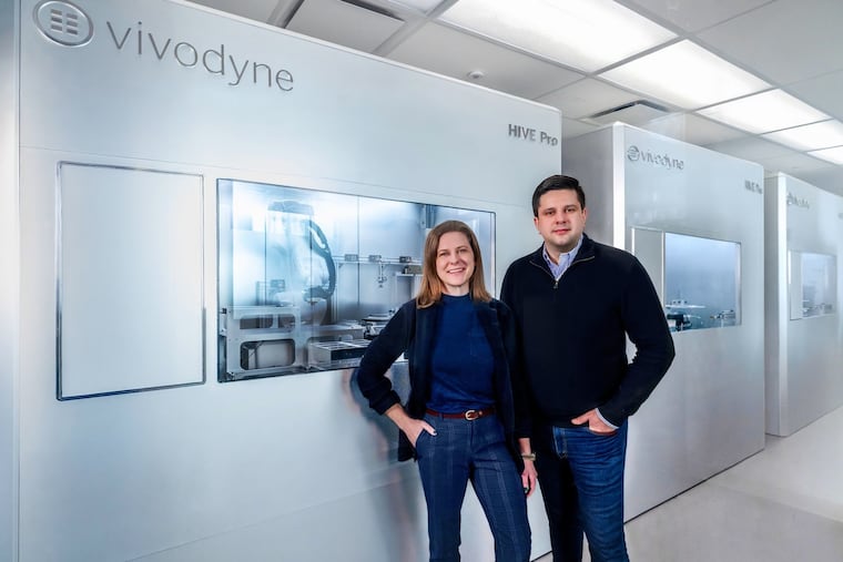 Vivodyne is a Penn spinout that has a system that replicates human tissue to replace animal testing in drug development. It is led by chief operating officer Julie O'Shaughnessy (left) and cofounder and CEO Andrei Georgescu.