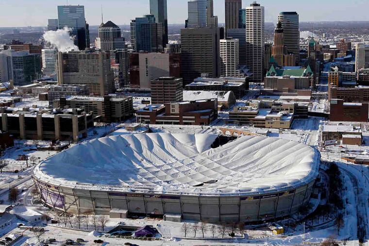 The collapsed roof over the Metrodome in Minneapolis, caved in by snow, forced the NFL to move Monday's football game between the Minnesota Vikings and the New York Giants to Detroit.
