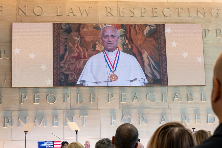 Pope Leo XIV, speaks live from the Vatican to an audience at the Liberty Medal Ceremony at the National Constitution Center in Philadelphia on Friday, July 3.