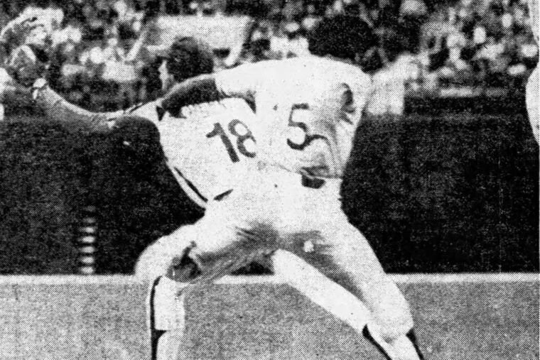 The Dodgers Davey Lopes was called safe on this controversial play in the ninth inning of the Phillies' "Black Friday" loss to the Los Angeles Dodgers on Oct. 7, 1977.