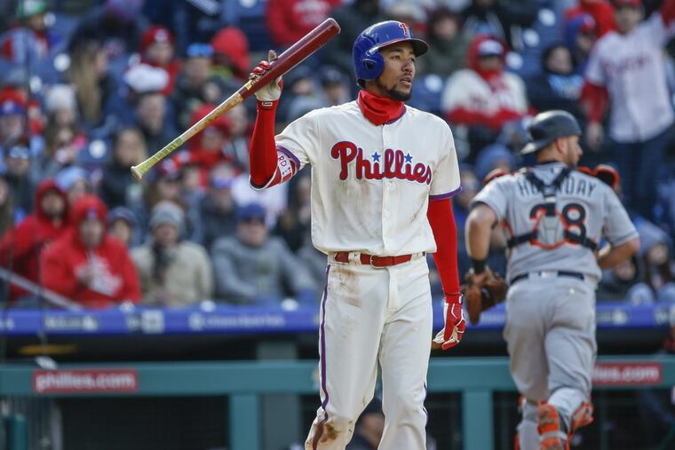 Phillies shortstop J.P. Crawford throwing his bat down after striking out in a game earlier this season.