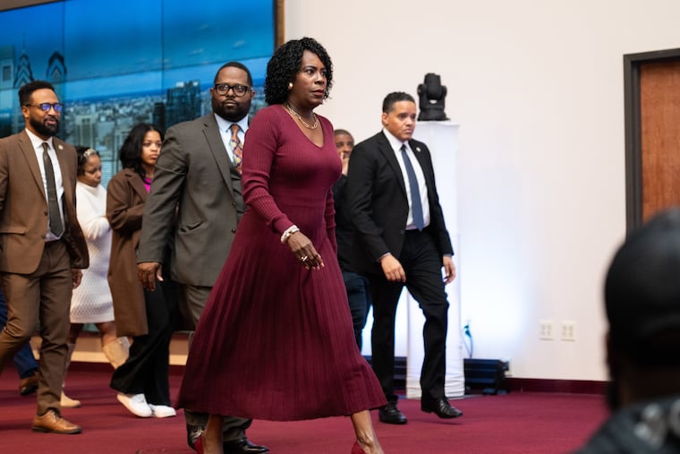 Mayor Cherelle L. Parker leaves the stage after addressing congregants at The Church of Christian Compassion in the Cobbs Creek neighborhood of West Philadelphia on Sunday, Dec. 7, 2025. Parker visited 10 churches in Philadelphia on Sunday to share details about her H.O.M.E. housing plan.