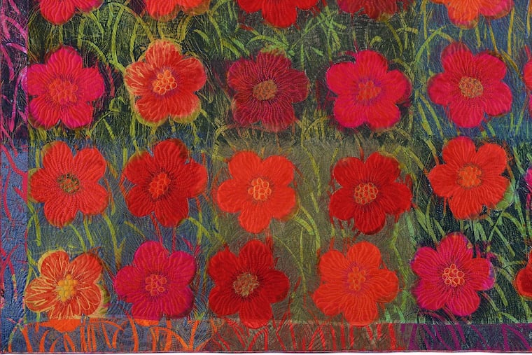 Detail from Sue Benner's quilt, "Flower Field #6: Remembering Andy" (2017), at Gravers Lane Gallery
.