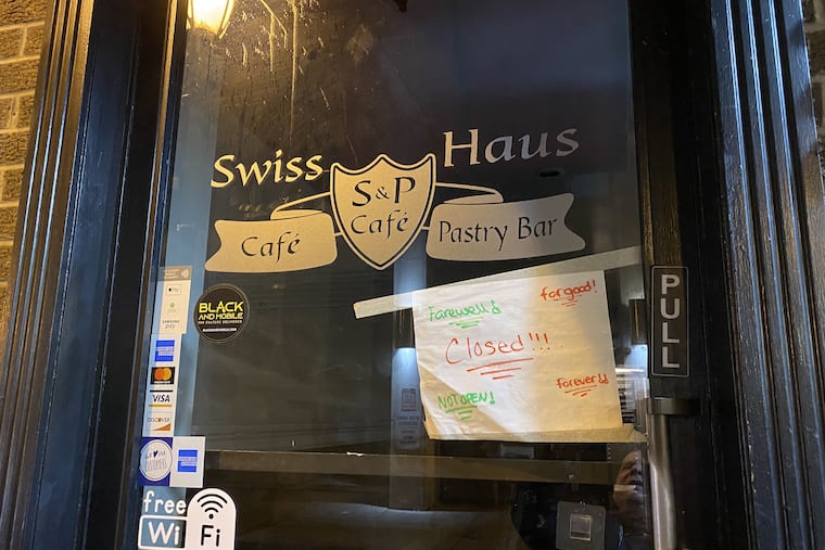 Sign on door of Swiss Haus indicates that the business has closed.