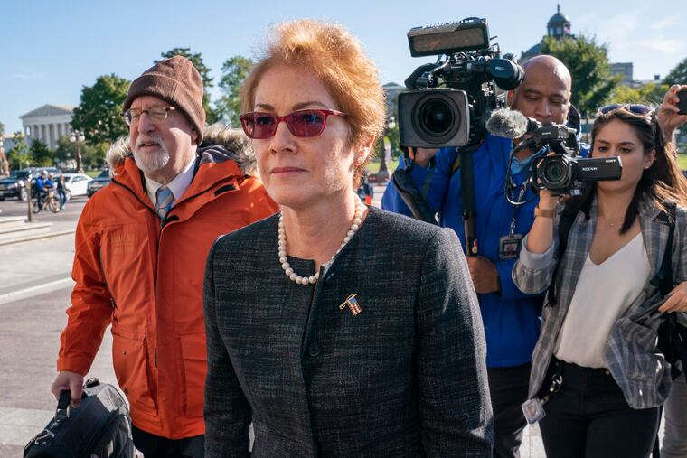 Former U.S. ambassador to Ukraine Marie Yovanovitch, arrives on Capitol Hill, Friday, Oct. 11, 2019, in Washington, as she is scheduled to testify before congressional lawmakers on Friday as part of the House impeachment inquiry into President Donald Trump.