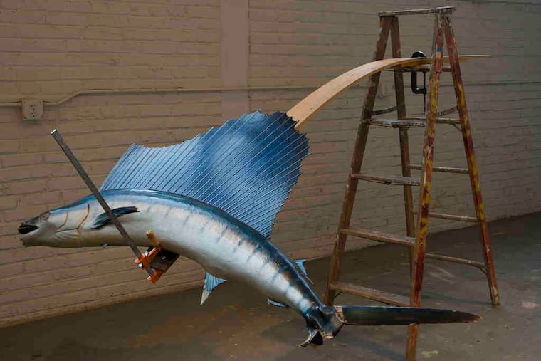 "Adjustable Sculpture with Sailfish," a found-object sculpture by David Brooks, is part of an exhibition at Jolie Laide.
