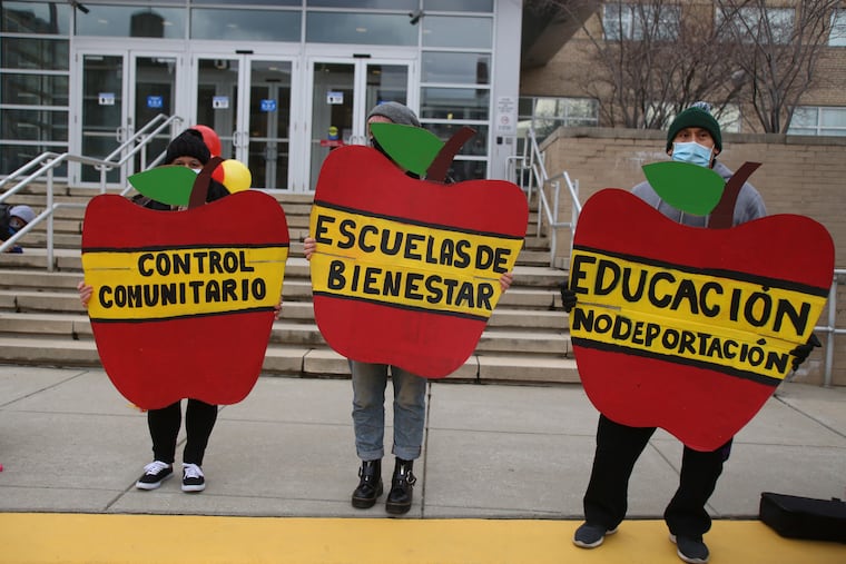 Activists are asking the Philadelphia School District for a stronger stance on protecting immigrants. In this 2021 file photo, members of the community demonstrated for a "sanctuary schools" policy, which was eventually passed.