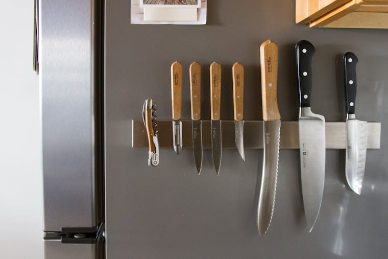 Erin Boyle, author of "Simple Matters" and who writes the blog Reading My Tea Leaves, and her husband, James, live in a 500-square-foot fourth-floor walk-up apartment in Brooklyn Heights with their small children. They moved their kitchen knives to a magnetic strip that sticks to the side of the refrigerator.