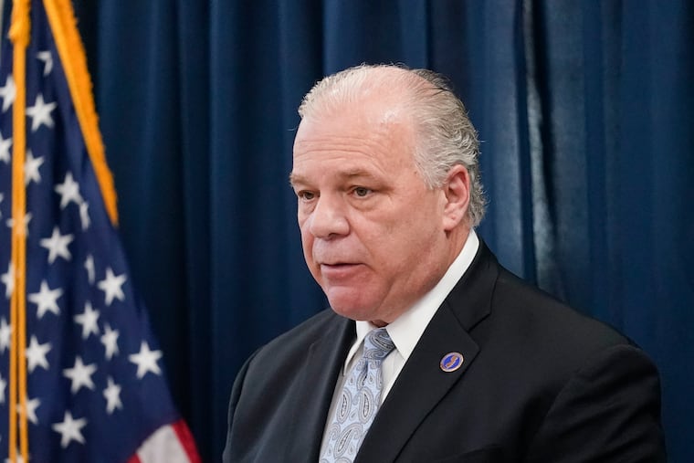 Former New Jersey Senate President Steve Sweeney speaks with members of the media during a news conference in Trenton in 2021 after he lost reelection.