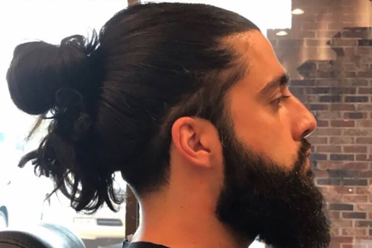 Alex Masis client Elias Bitar sports the perfect manbun and full beard.
