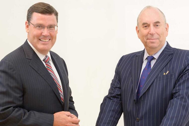 Matt Taylor (left) ascends to become CEO of one of Philadelphila's Top 5 lawfirms, Duane Morris. Taylor is pictured with current CEO John Soroko (right) who will remain with the firm, assume the title CEO emeritus, and return to litigating.