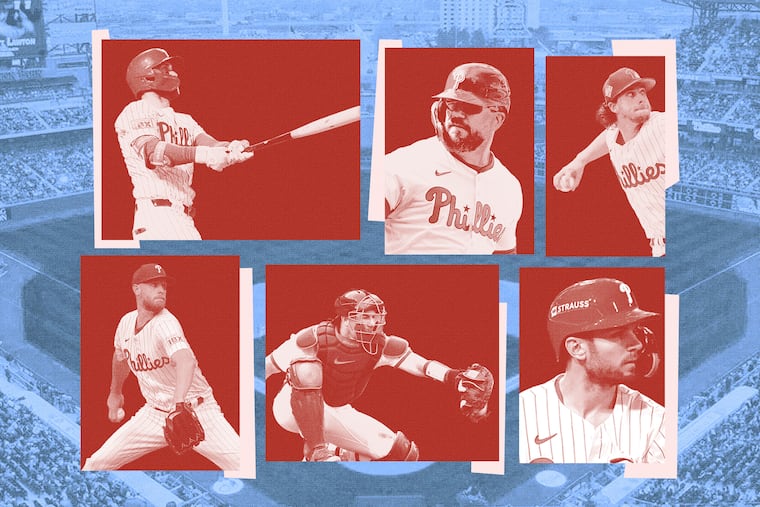 From top left, the Phillies' core of Bryce Harper, Kyle Schwarber, Aaron Nola, Zack Wheeler, J.T. Realmuto, and Trea Turner is under contract together through the 2027 season.