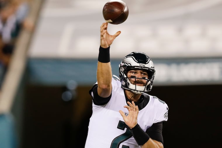 Eagles quarterback Cody Kessler moves into the backup role behind Carson Wentz after Nate Sudfeld broke his wrist Thursday night.