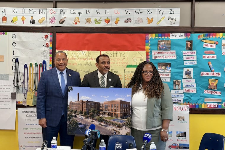 Shakeera Warthen-Canty (right) at the announcement of a new transition office for schools and families affected by the Philadelphia School District's facilities master plan, which will close 17 schools and renovate 169. Warthen-Canty was joined by Deputy Superintendent Oz Hill (left) and Superintendent Tony B. Watlington Sr. (center) at Patterson Elementary in Southwest Philadelphia. Patterson is growing from a K-4 to a K-8 school and will be modernized.