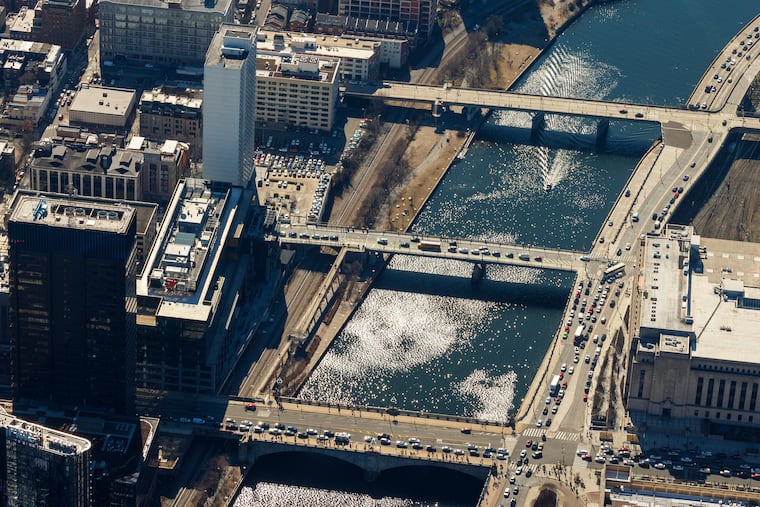 The Market, Chestnut, and Walnut Street bridges over the Schuylkill in February 2025.