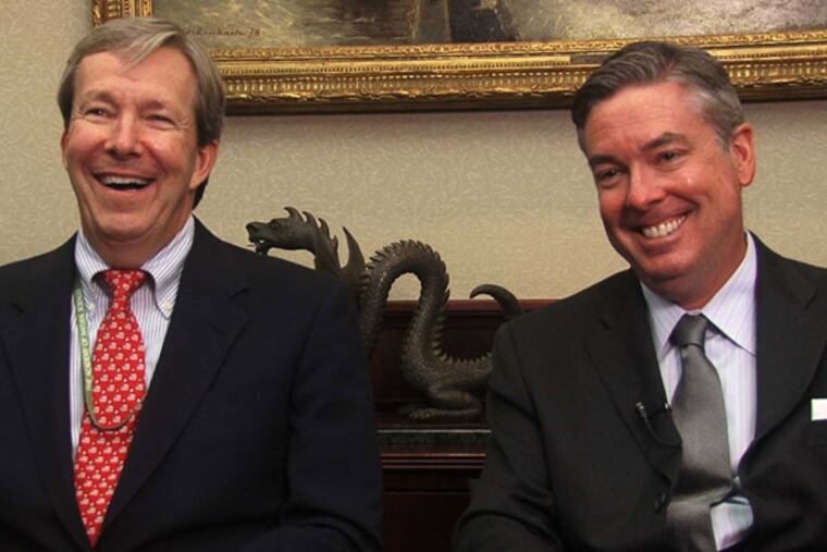 John Fry (right) President, Drexel University and George Gephart (left) CEO, Academy of Natural Sciences. Fry said, "We're trying to . . . extend the runway for would-be entrepreneurs."