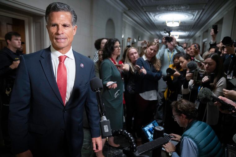 Rep. Dan Meuser (R., Pa.) speaks to reporters outside a meeting of House Republicans to vote on candidates for speaker of the House on Capitol Hill in Washington last week. He announced a run for House speaker before dropping out Monday evening.