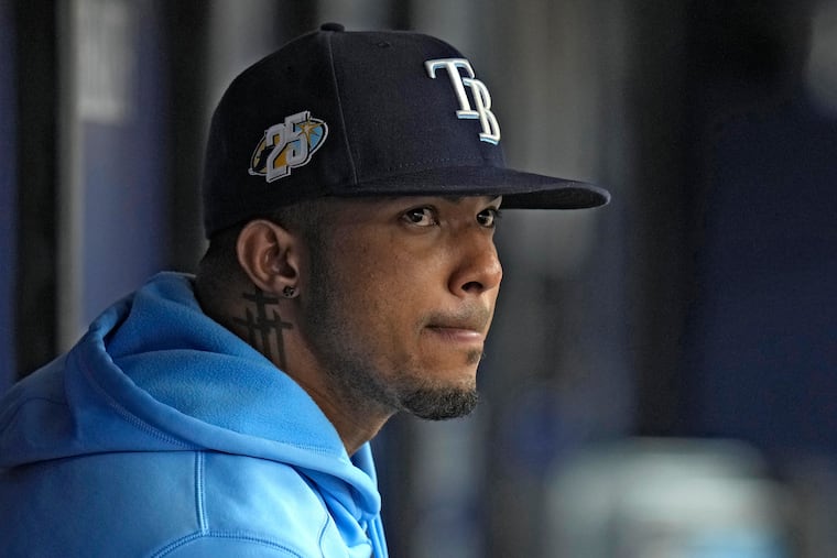 Tampa Bay Rays' Wander Franco watches from the dugout during the fifth inning of a baseball game against the Cleveland Guardians Sunday, Aug. 13, 2023, in St. Petersburg, Fla.