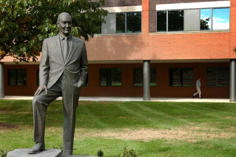 A life-size statue of John Bogle, the founder of the Vanguard Group, at the company's headquarters in Malvern. The company has just launched its first-ever external search for a CEO after a history of promoting from within.