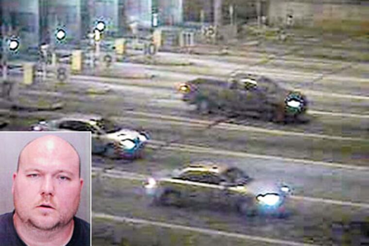 Police say a security-camera image of a gray Ford pickup (top) as it left the toll plaza at the Walt Whitman Bridge led them to Christian Squillaciotti (inset), who is charged with shooting Thomas Timko in a road rage incident.