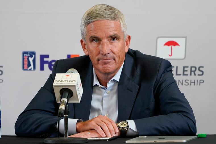 PGA Tour Commissioner Jay Monahan speaks during a news conference before the Travelers Championship golf tournament at TPC River Highlands in 2022 in Cromwell, Conn. Monahan is returning to work just over a month after he stepped away for a “medical situation” during a tumultuous time of working out a surprise commercial agreement with the Saudi backers of LIV Golf.