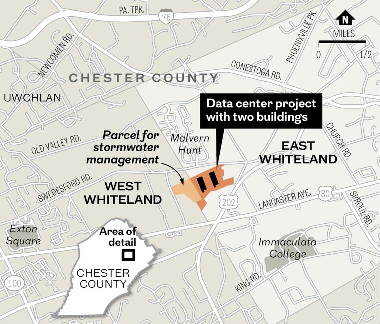 Location of the two-building data center project in East Whiteland, Chester County.