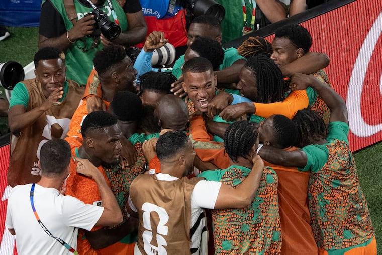 Ivory Coast's Amad Diallo is congratulated by teammates after scoring the lone goal in a 1-0 victory over Ecuador in a FIFA World Cup Group E match on Sunday, June 14, 2026, at Lincoln Financial Field in Philadelphia. The match marked the first FIFA World Cup game played in Philadelphia.
