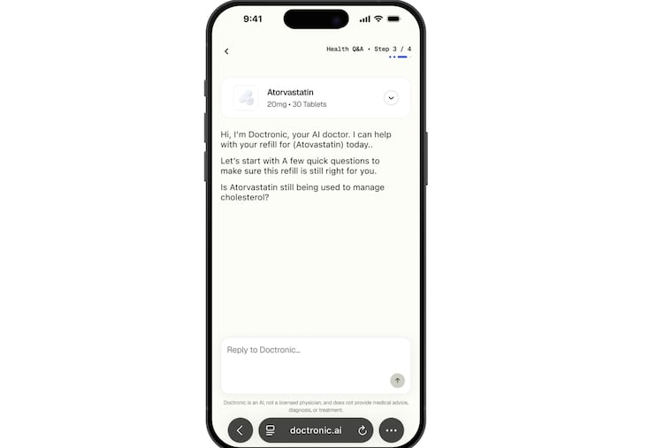 This illustration provided by Doctronic depicts the process for refilling prescriptions online with an AI chatbot on a smartphone.
