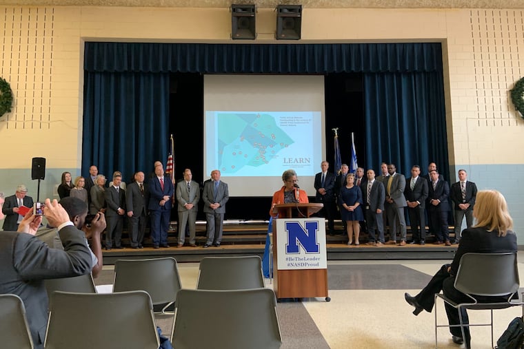Philadelphia school board president Joyce Wilkerson speaks in favor of changes to Pennsylvania's charter school law at a news conference Monday at Whitehall Elementary School in Norristown.
