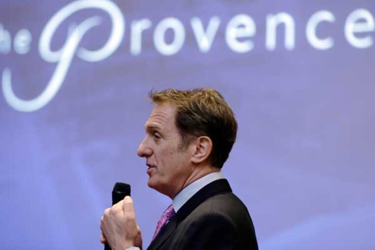 Developer Bart Blatstein makes his pitch to the Pennsylvania Gaming Control Board for Philadelphia's second casino license during a public hearing at the Pennsylvania Convention Center Tuesday, Feb. 12, 2013, in Philadelphia. Six applicants for Philadelphia's second and final casino license made pitches Tuesday to state officials, who revoked Foxwoods' claim on the prize when its project stalled. (AP Photo / Matt Rourke)