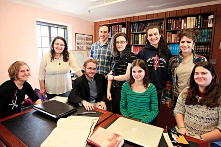 Swarthmore students ( L - R ) Amelia Dornbush, 20, Marissa Cohen, 18, Joshua Wolfsun, 20, Jacob Adembaum, 21, Hanna Kipnis-King, 20, Sarah Revez, 19, Rachel Flaherman, 19, Leela Breitman, 18, and Anna Bigney, 18, gather in the Beit - Midrash, or house of Study in Bond Hall. Swarthmore College's Hillel has become the first in the nation to adopt an "open" policy, meaning they will talk to and partner with organizations that are perceived as anti-Isreal. They say they want to open debate. The national organization has come down hard, saying it will not tolerate any break from their policy forbidding ties with anyone that is not 100 percent, pro-Isreal, Friday December 13, 2013. ( DAVID SWANSON / Staff Photographer )