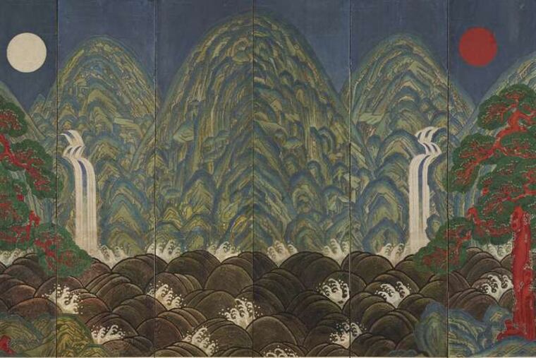 "Sun, Moon and Five Peaks," an eight-fold screen, expresses sublime harmony, tranquility, and existential truth.