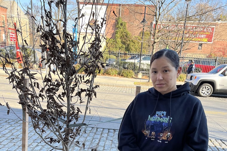 Jackie Martinez poses next to a tree planted in honor of her sister Elizabeth Negron, who was killed on Germantown Avenue near Coulter Street by a hit-and-run driver in July.