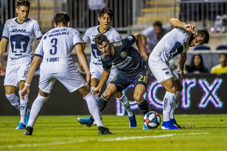 Anthony Fontana dribbles between a few opposing players during the Union's exhibition win over Mexico's Pumas UNAM at Talen Energy Stadium on Sept. 7, 2019.